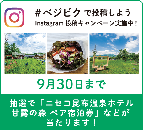 #ベジピクで投稿しよう instagram投稿キャンペーン実施中 抽選で「ニセコ昆布温泉ホテル甘露の森宿泊券」などが当たります!9月30日まで